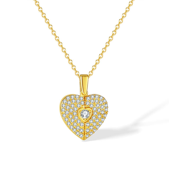 Dainty diamond heart locket pendant stainless steel chain necklace