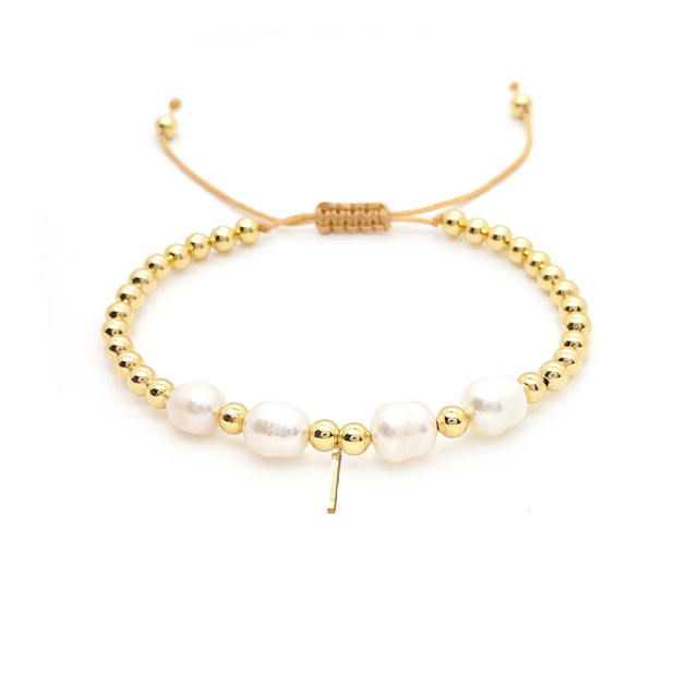 18KG baroque pearl diamond initial letter charm bracelet