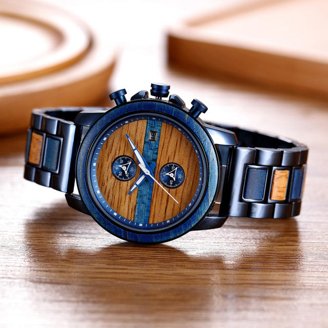 Creative stainless steel wooden mix band quartz watch for men