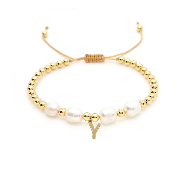 18KG baroque pearl diamond initial letter charm bracelet