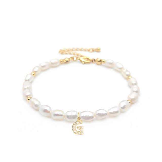 Elegant diamond initial letter charm water pearl beaded bracelet