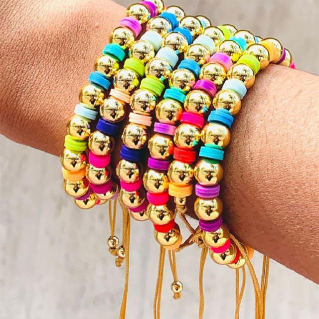 Boho rainbow color bead gold plated copper bead bracelet