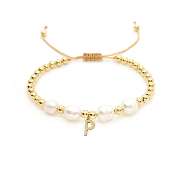 18KG baroque pearl diamond initial letter charm bracelet