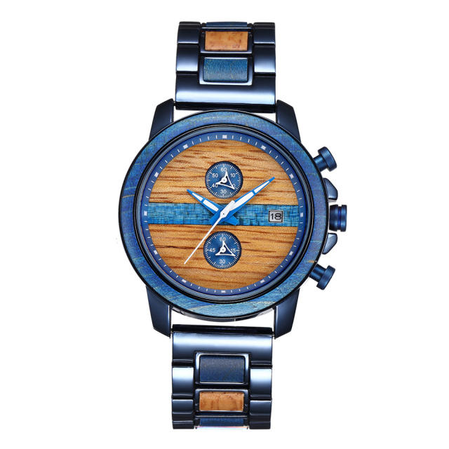 Creative stainless steel wooden mix band quartz watch for men