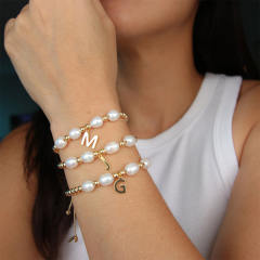 18KG baroque pearl diamond initial letter charm bracelet