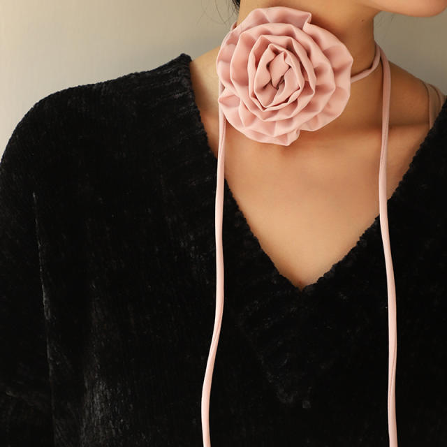 Summer plain color fabric flower strappy choker necklace