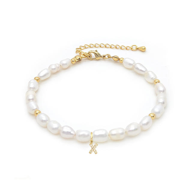 Elegant diamond initial letter charm water pearl beaded bracelet