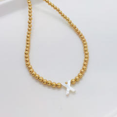 Natural shell initial letter gold plated copper beaded necklace