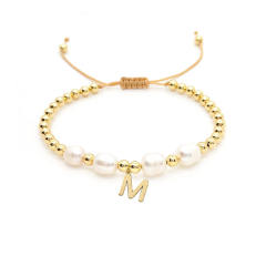 18KG baroque pearl diamond initial letter charm bracelet