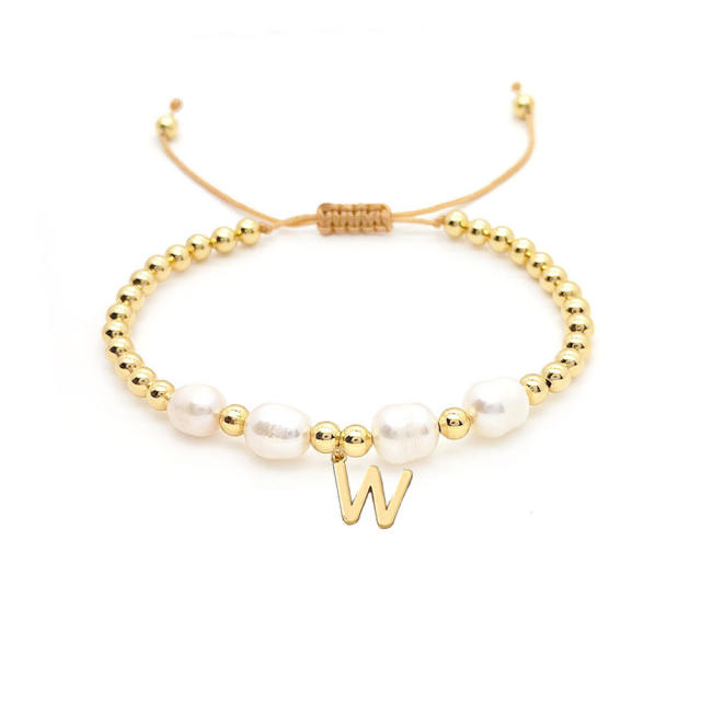18KG baroque pearl diamond initial letter charm bracelet