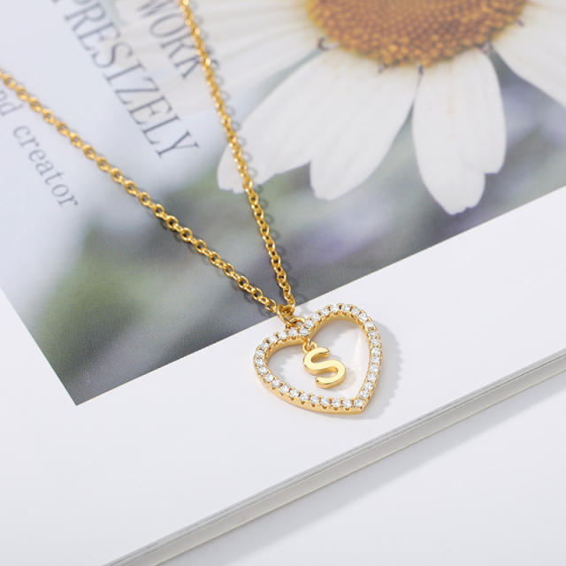 Delicate diamond heart initial letter stainless steel chain necklace