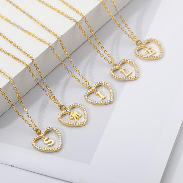 Delicate diamond heart initial letter stainless steel chain necklace
