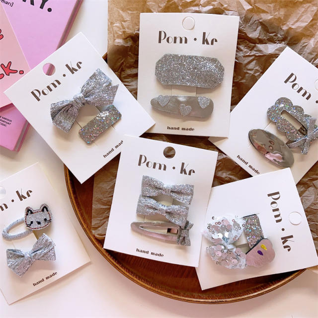 Silver color collection glitter snap hair clips set for kids