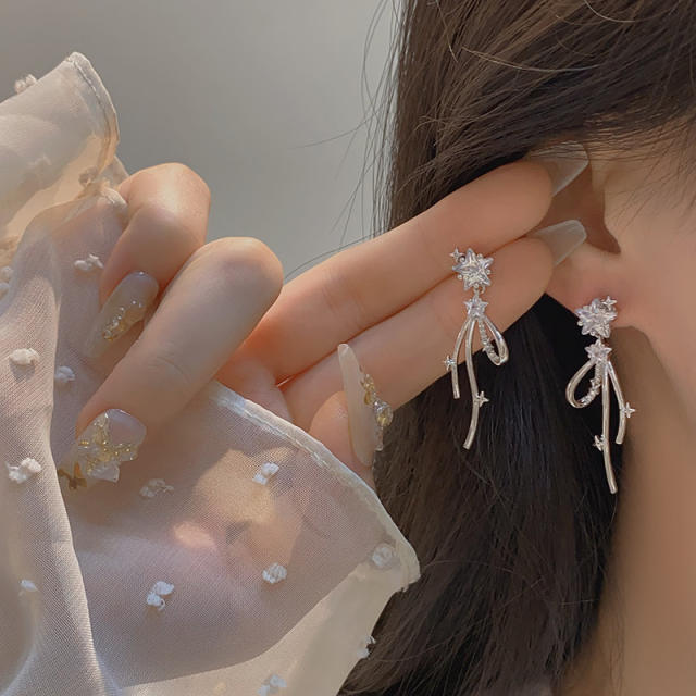 Delicate silver color diamond star unique bow dangle earrings clip on earrings