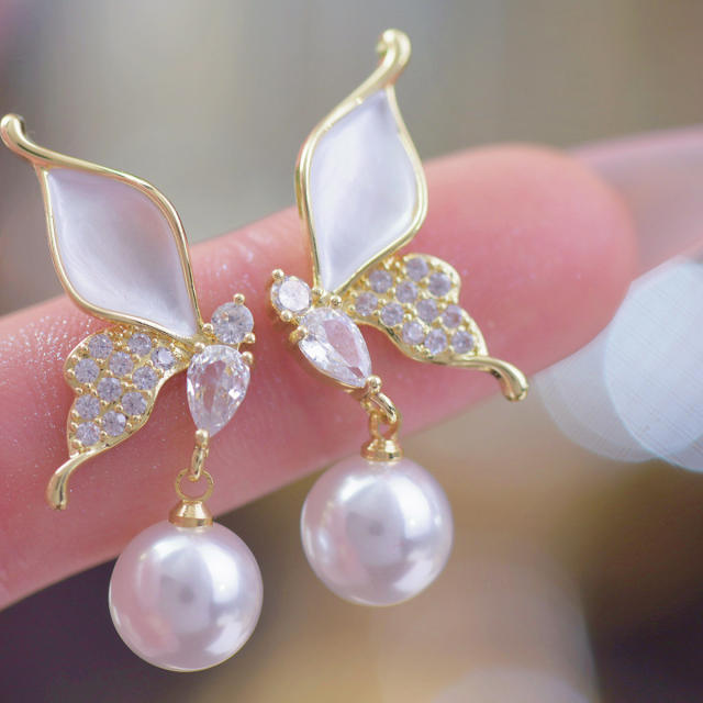 Delicate diamond butterfly pearl drop women earrings