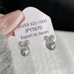 Chic gray pearl diamond bow cute women earrings