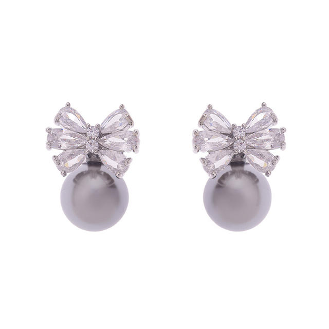 Delicate diamond bow gray pearl women earrings clip on earrings