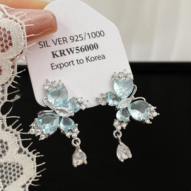 Creative light blue color cubic zircon butterfly earrings clip on earrings