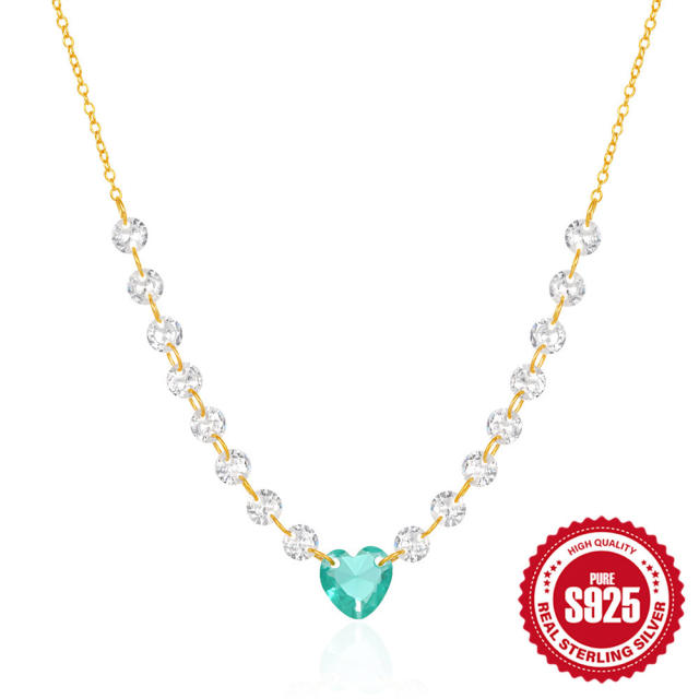 925 sterling silver delicate blue crystal heart diamond necklace
