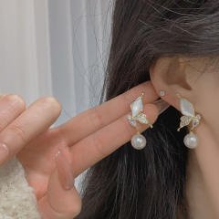 Delicate diamond butterfly pearl drop women earrings