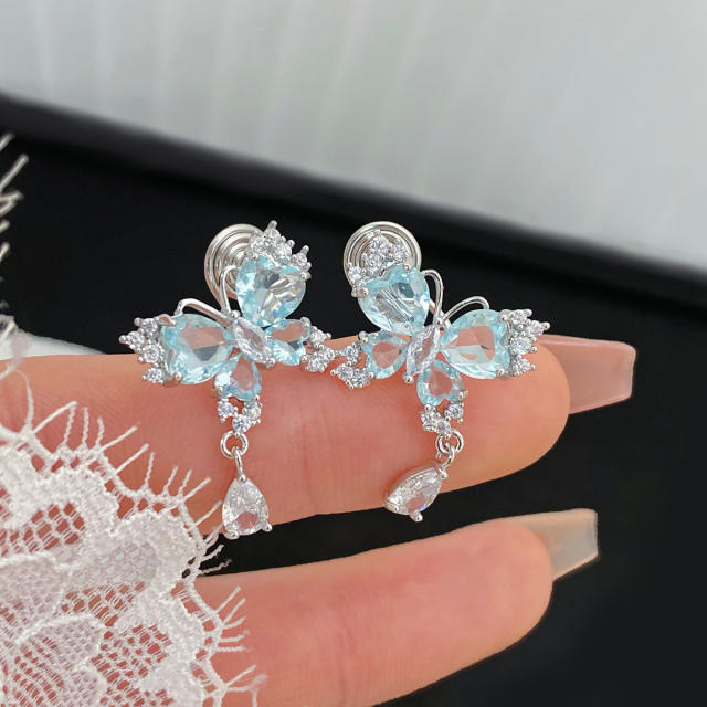 Creative light blue color cubic zircon butterfly earrings clip on earrings