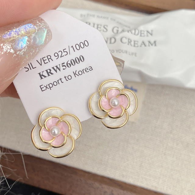 Sweet pink color enamel camellia flower studs earrings clip on earrings