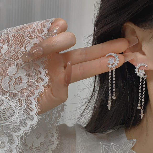 Romantic diamond moon tassel women earrings