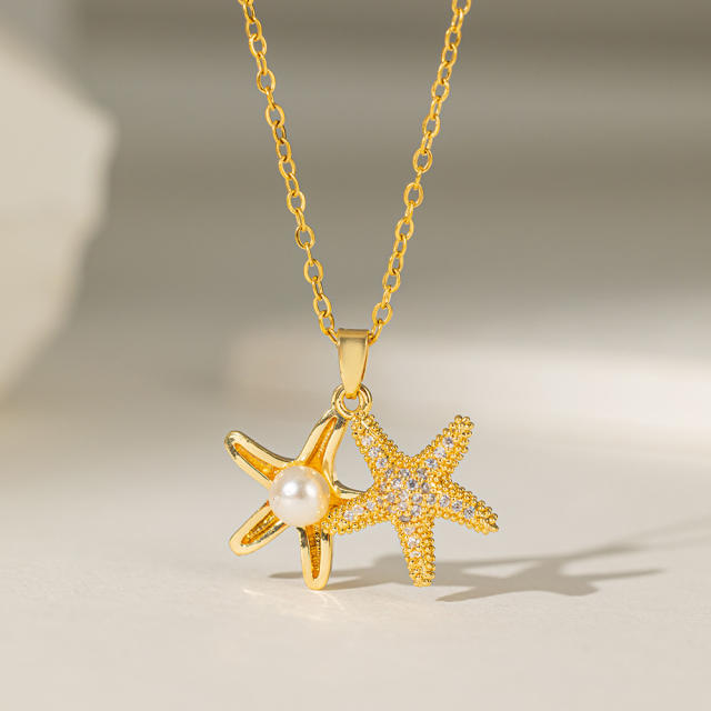 Dainty diamond starfish ocean series gold plated copper pendant stainless steel chain necklace collection