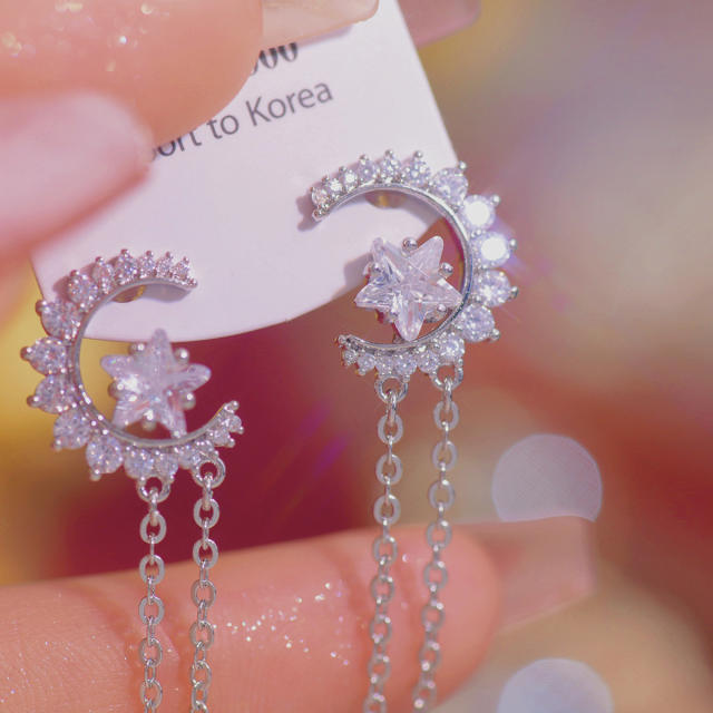 Romantic diamond moon tassel women earrings