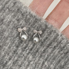 Chic gray pearl diamond bow cute women earrings