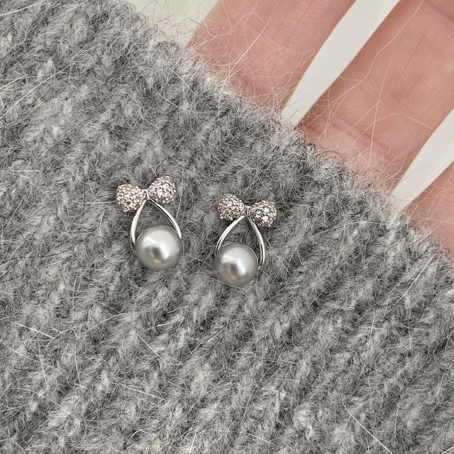 Chic gray pearl diamond bow cute women earrings