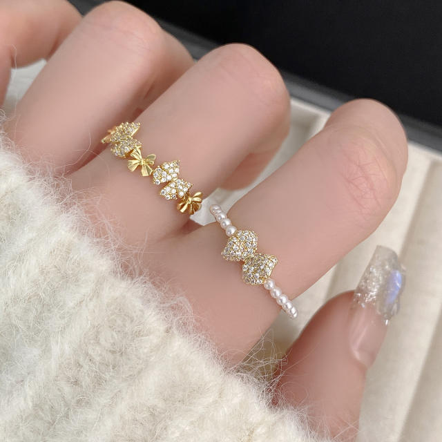 Delicate full diamond tiny bow adjustable finger rings stackable rings