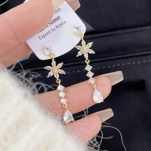 Delicate diamond flower long earrings clip on earrings