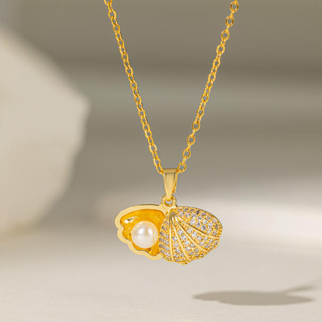 Elegant diamond ocean series shell starfish pendant dainty stainless steel chain necklace collection