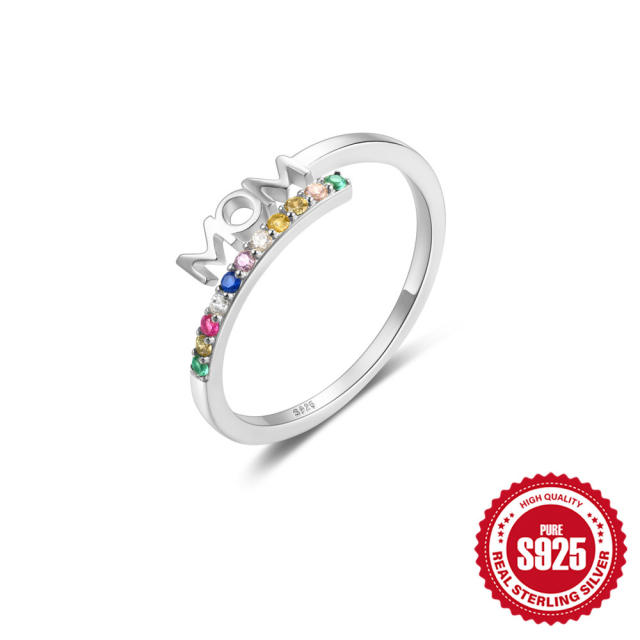 925 sterling silver mom letter colorful diamond mother's day finger rings