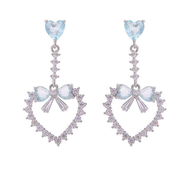 Delicate light blue cubic zircon diamond heart dangle earrings clip on earrings