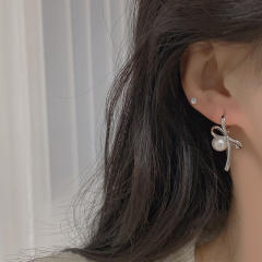 Silver color bow pearl bead women earrings