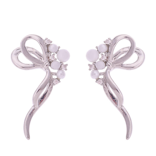 Sweet pearl cubic zircon setting silver bow studs earrings