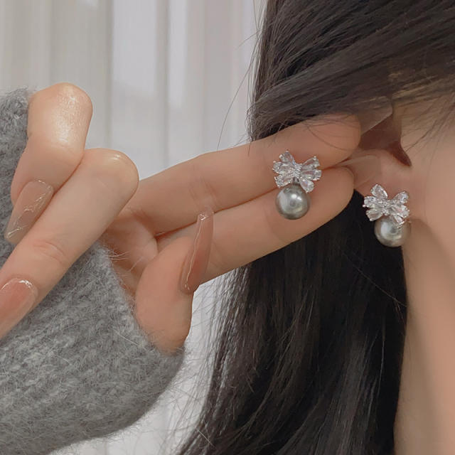 Delicate diamond bow gray pearl women earrings clip on earrings