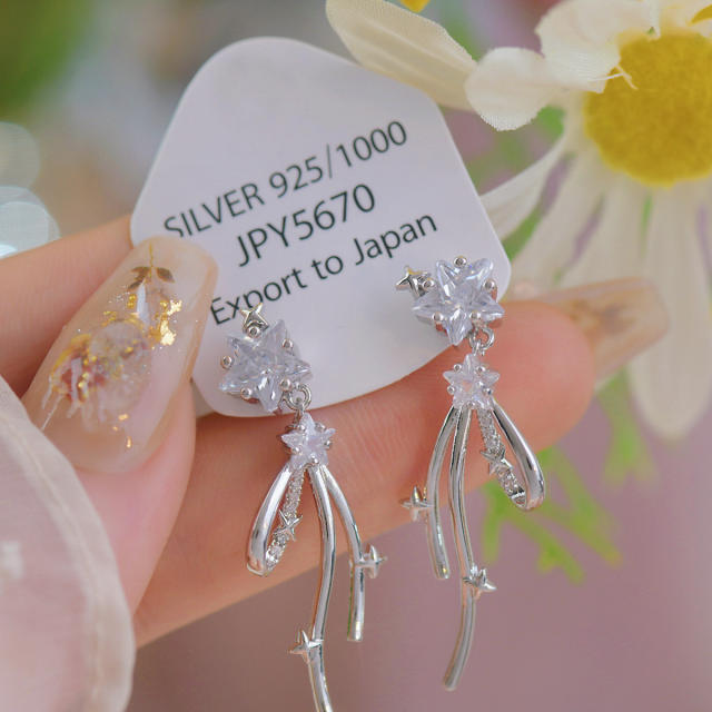 Delicate silver color diamond star unique bow dangle earrings clip on earrings