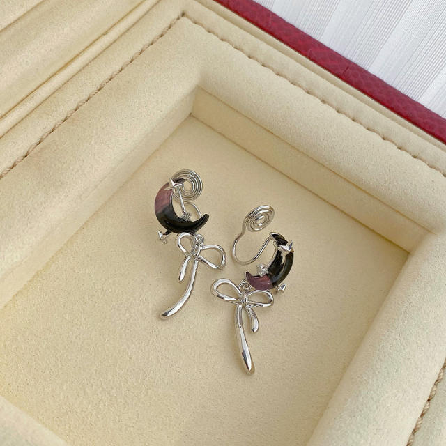 Sweet cool black moon silver bow earrings clip on earrings