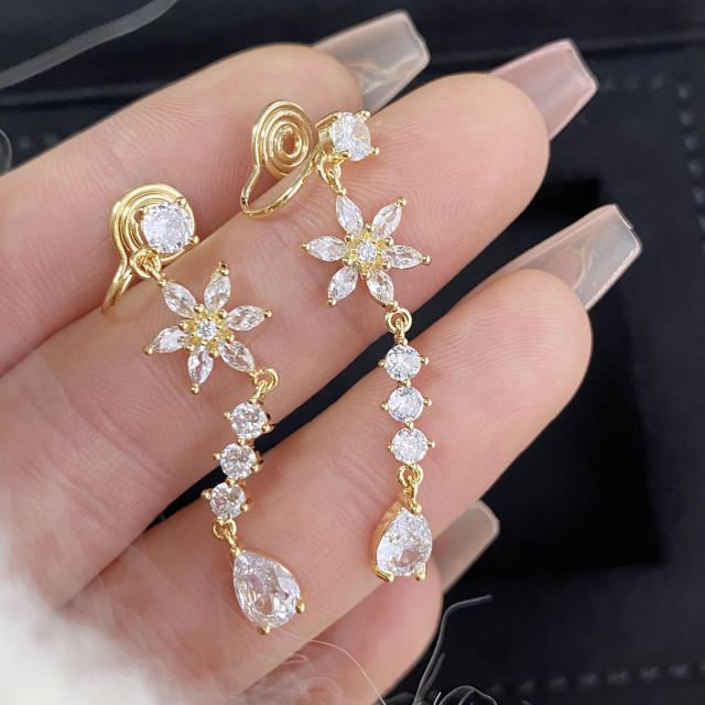 Delicate diamond flower long earrings clip on earrings