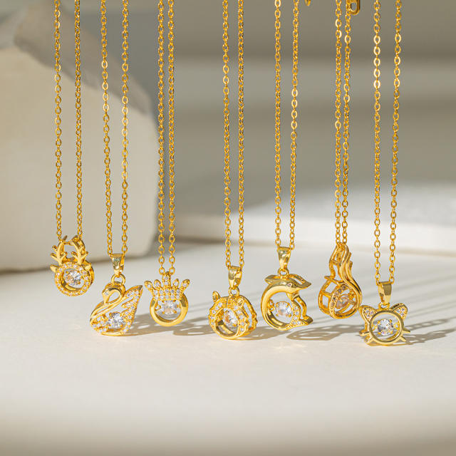 Cute animal series kitty dolphin swan diamond pendant stainless steel chain necklace collection