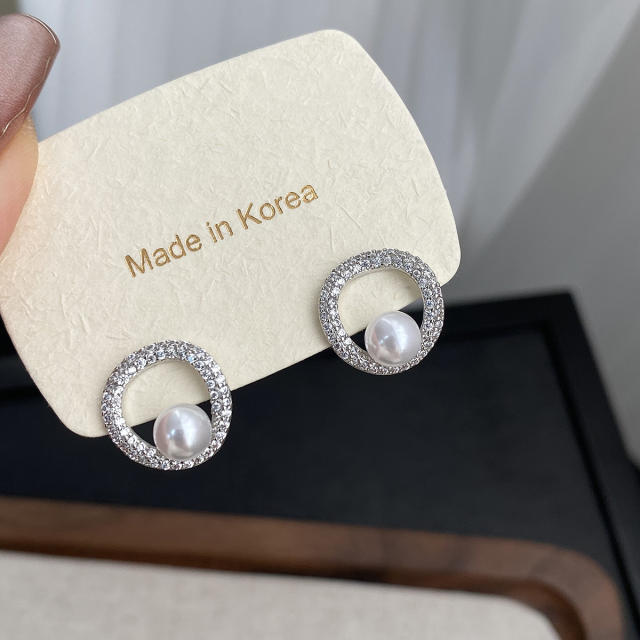 Korean fashion easy match diamond circel pearl studs earrings