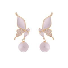 Delicate diamond butterfly pearl drop women earrings