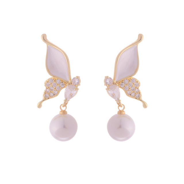 Delicate diamond butterfly pearl drop women earrings