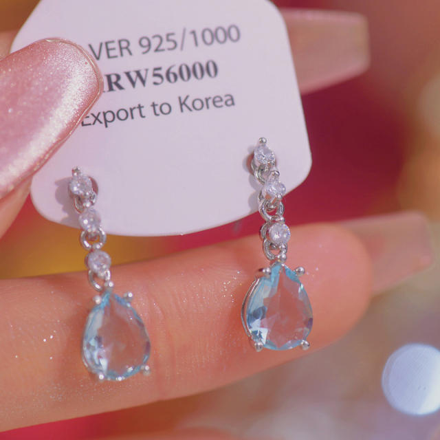 Delicate Aquamarine drop sweet bow diamond women earrings rings set