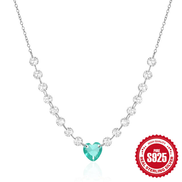 925 sterling silver delicate blue crystal heart diamond necklace