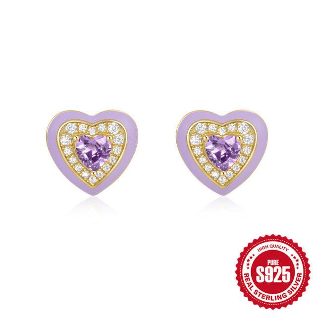 925 sterling silver colorful enamel heart studs earrings collection