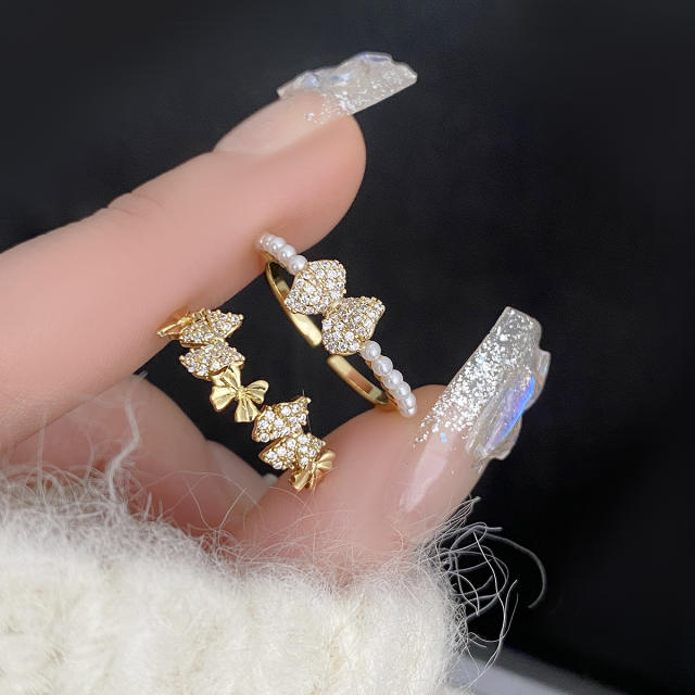 Delicate full diamond tiny bow adjustable finger rings stackable rings